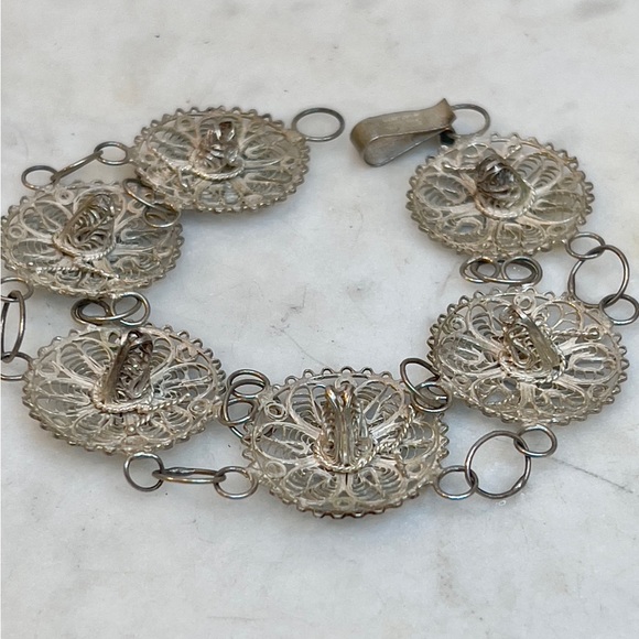 Vintage Mexico .925 Silver Filigree Sombrero Link Bracelet- 7” - Picture 2 of 5